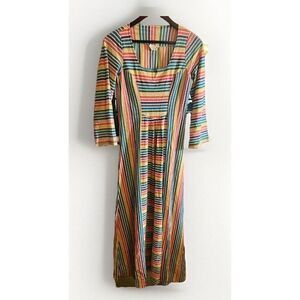 Vtg 70's Ethnic Bohemian Hippy Rainbow Stripe Dress Small Flaw Pls Read.       Q